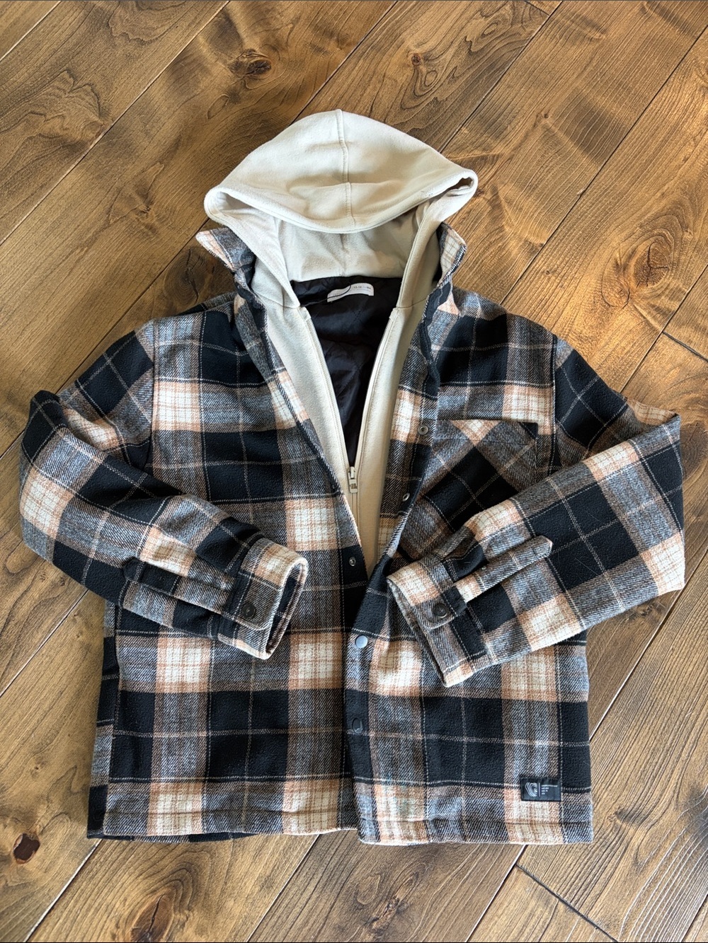 Zara Black, Brown & Cream Plaid Hooded Shirt Jacket